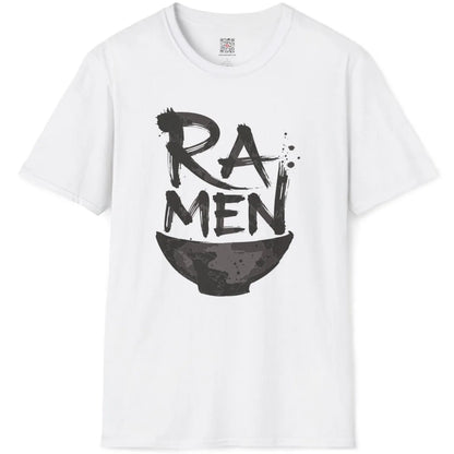 White t-shirt flatlay with artistic black brushstroke "RAMEN" letters over minimalistic ramen bowl.