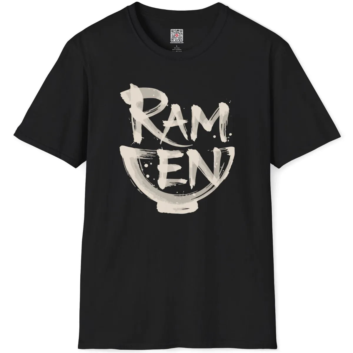 Black t-shirt flatlay with hand-drawn brushstroke ramen text and ink splatter details in bold monochrome design.