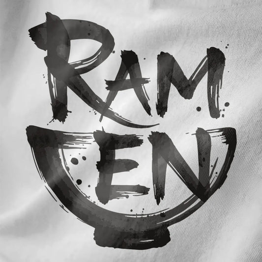 Close-up of bold brushstroke ramen text forming bowl on white fabric with textured monochrome design.