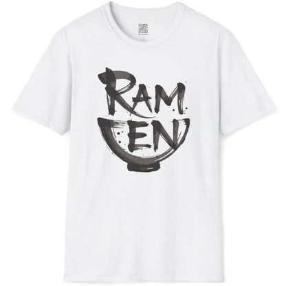 White t-shirt flatlay displaying artistic brushstroke ramen lettering shaped as bowl in textured dark gray ink.