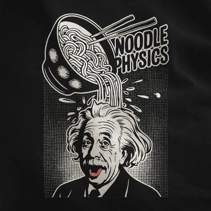 Black fabric close-up of playful black and white Einstein with coral tongue and ramen bowl design.