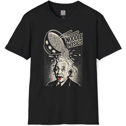 Black t-shirt flatlay showing monochrome Einstein, ramen noodles, and bold "Noodle Physics" text.