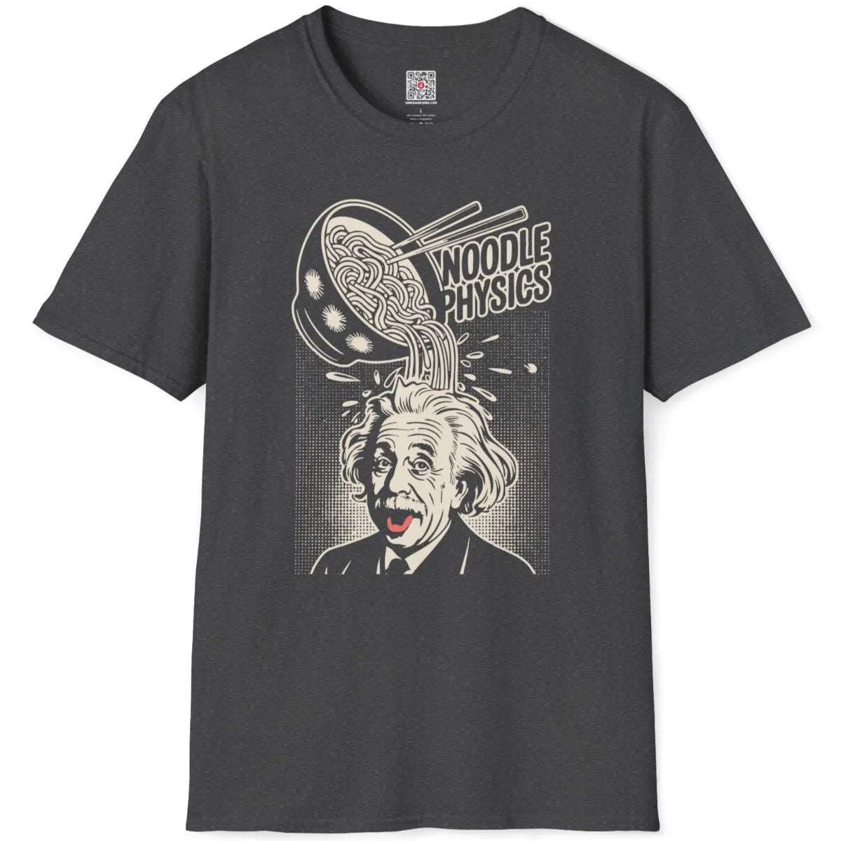 Dark heather flatlay of witty black and white Einstein ramen design with playful typography.