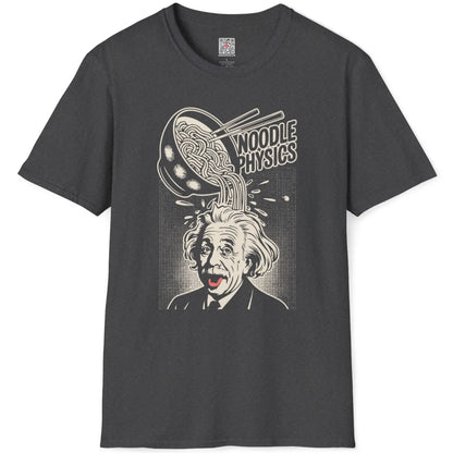Dark heather flatlay of witty black and white Einstein ramen design with playful typography.