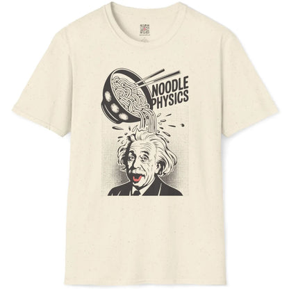 Natural fabric flatlay showing humorous vintage comic Einstein with ramen noodles and chopsticks.