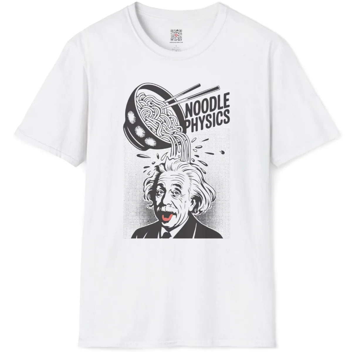 White t-shirt flatlay featuring retro comic style Einstein with ramen bowl and coral pink tongue highlight.
