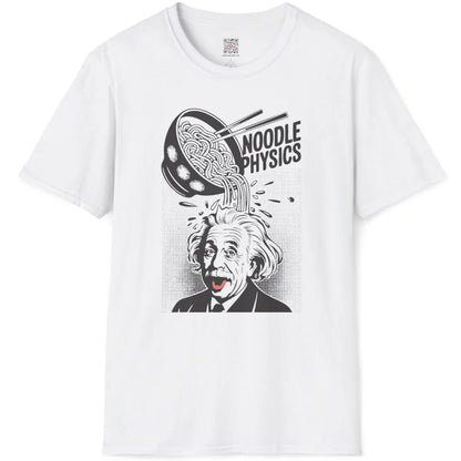 White t-shirt flatlay featuring retro comic style Einstein with ramen bowl and coral pink tongue highlight.