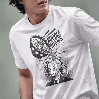 Male model wearing white t-shirt with quirky Einstein ramen noodle illustration and playful font.