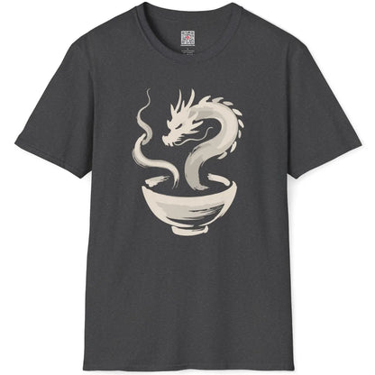 Dark heather t-shirt flatlay with mysterious sumi-e dragon and ramen bowl design in textured brushstrokes.