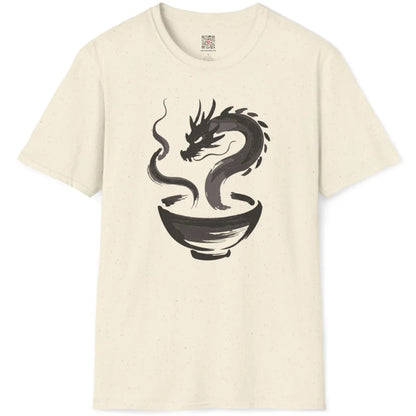 Natural fabric t-shirt flatlay displaying traditional sumi-e brushstroke dragon above ramen bowl.