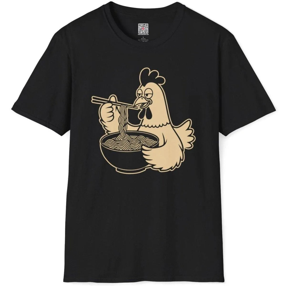 Flatlay of black shirt with cartoon chicken, noodles, chopsticks. junk food shirt, cartoonish style, ramen shirt