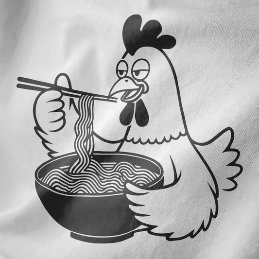 Cartoon chicken eating noodles with chopsticks, bold lines on white fabric. ramen t-shirt, funny chicken, cartoonish style