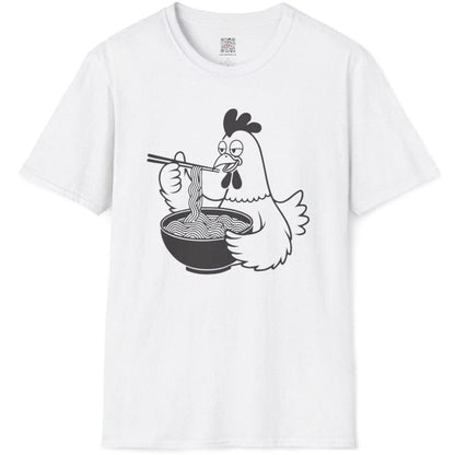 Flatlay of white shirt with cartoon chicken, noodles, chopsticks. ramen t-shirt, funny chicken, instant noodle