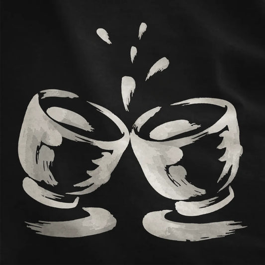 Close-up of black fabric with textured brushstroke sake cups splashing ink in black and grey.