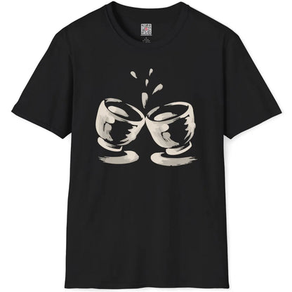 Flatlay of black t-shirt featuring rustic, hand-drawn brushstroke sake cups in grey and black.