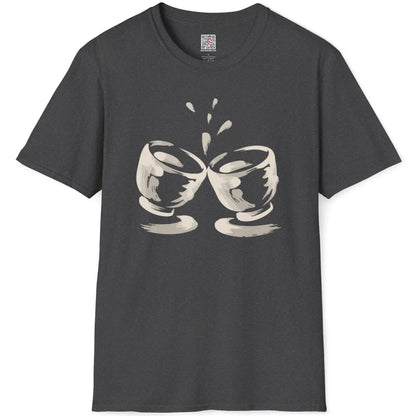 Dark heather t-shirt flatlay showcasing artistic hand-drawn sake cups with dynamic ink splashes.