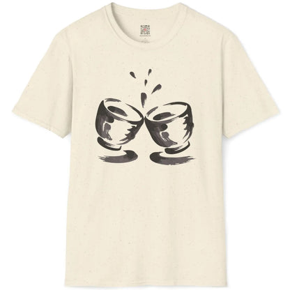 Natural color t-shirt flatlay with traditional Japanese style black and grey sake cups artwork.