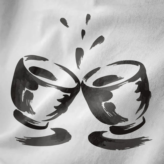 Close-up of white fabric showing textured black and grey brushstroke sake cups design.