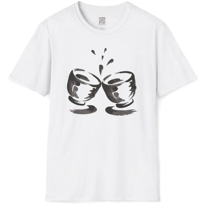 Flatlay of white t-shirt with simple and rustic black and grey ink brushstroke sake cups design.
