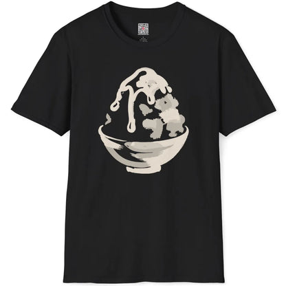 Black t-shirt flatlay with playful indulgence kakigori shaved ice graphic, showcasing creative brushstroke style.