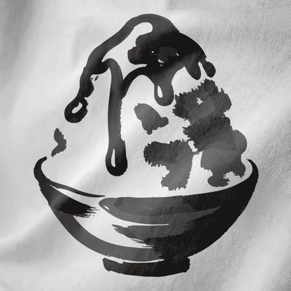 Close-up of white t-shirt showing artistic brushstroke kakigori design with monochrome Japanese sweet food style.