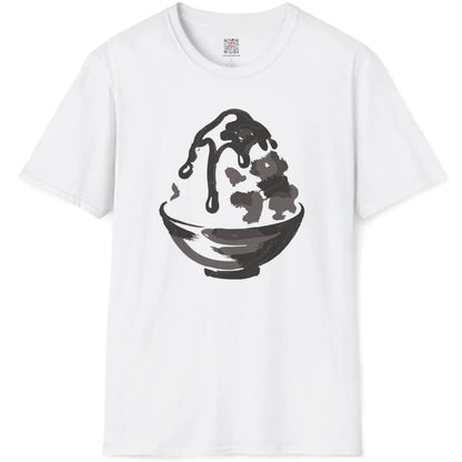 White t-shirt flatlay displays unique kakigori dessert design with textured brushstrokes and clean artistic look.