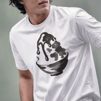 Male model wears white shirt featuring light and airy kakigori brushstroke design with high contrast art.