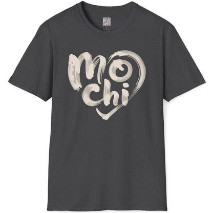 Dark heather t-shirt flatlay with whimsical mochi text in thick brush strokes, artistic flair and heart symbol.