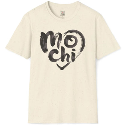 Natural color t-shirt flatlay with modern mochi word art in expressive brush strokes, heart-shaped design.