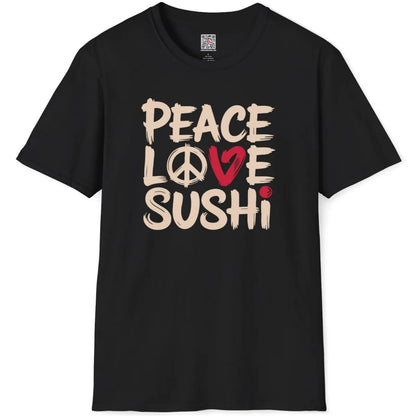 Black t-shirt flatlay featuring bold brushstroke "Peace, Love, Sushi" design with red heart and peace icon.