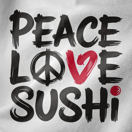 White close-up of hand-painted brushstroke text "Peace, Love, Sushi" with a red heart and peace symbol.