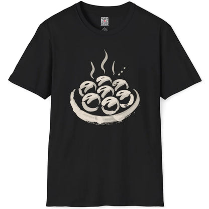 Black flatlay of t-shirt with minimalistic takoyaki plate design, highlighting bold imagery and cultural food art.