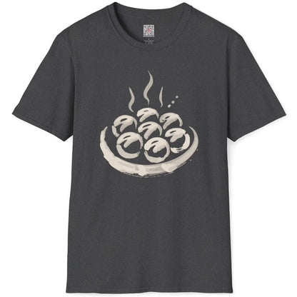 Dark heather flatlay showing minimalist takoyaki brushstroke art, representing contemporary styling and foodie design.
