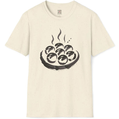 Natural fabric flatlay with handmade-style takoyaki plate illustration, emphasizing artistic symbolism and cozy food.