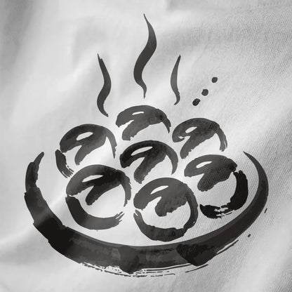 Stylized takoyaki design with expressive brush strokes on white fabric, featuring culinary and minimalist art.