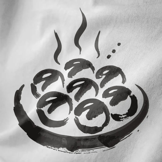 Stylized takoyaki design with expressive brush strokes on white fabric, featuring culinary and minimalist art.