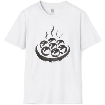 White t-shirt flatlay featuring takoyaki-inspired expressive artwork with calming colors and crafted design.