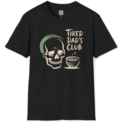 Black t-shirt flatlay featuring tired dad club skull and matcha bowl with calming color palette.