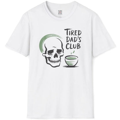 White t-shirt flatlay with understated skull and steaming matcha bowl, casual and calming graphic shirt.