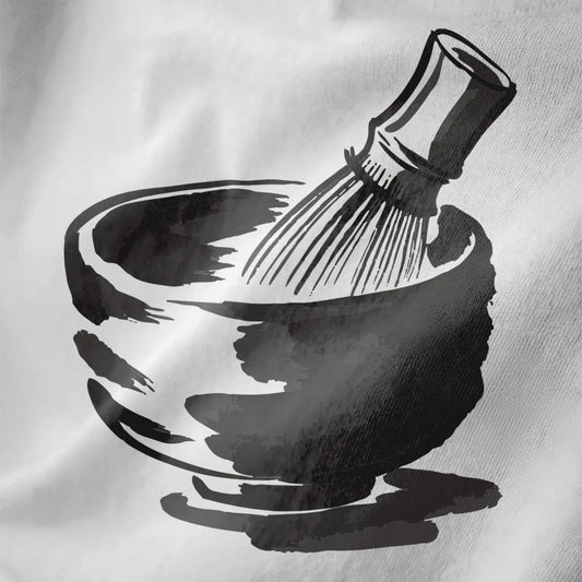 Monochrome brushstroke matcha bowl on white fabric, traditional tea ceremony and minimalist design.