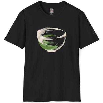 Black flatlay of t-shirt with stylized matcha bowl, brushstroke art blending nature and tranquility.