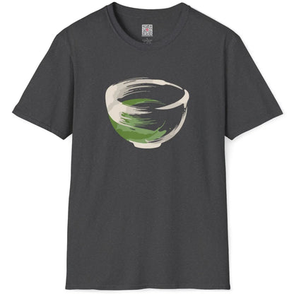 Dark heather t-shirt flatlay with matcha bowl brushstroke motif, artistic expression and balance.