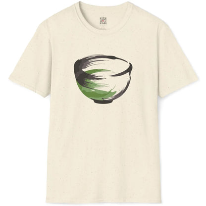 Natural fabric t-shirt flatlay displaying green matcha bowl, understated and artful expression.