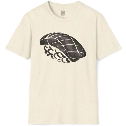 Natural fabric t-shirt flatlay shows artistic nigiri sushi, minimalist design with hand-crafted feel.