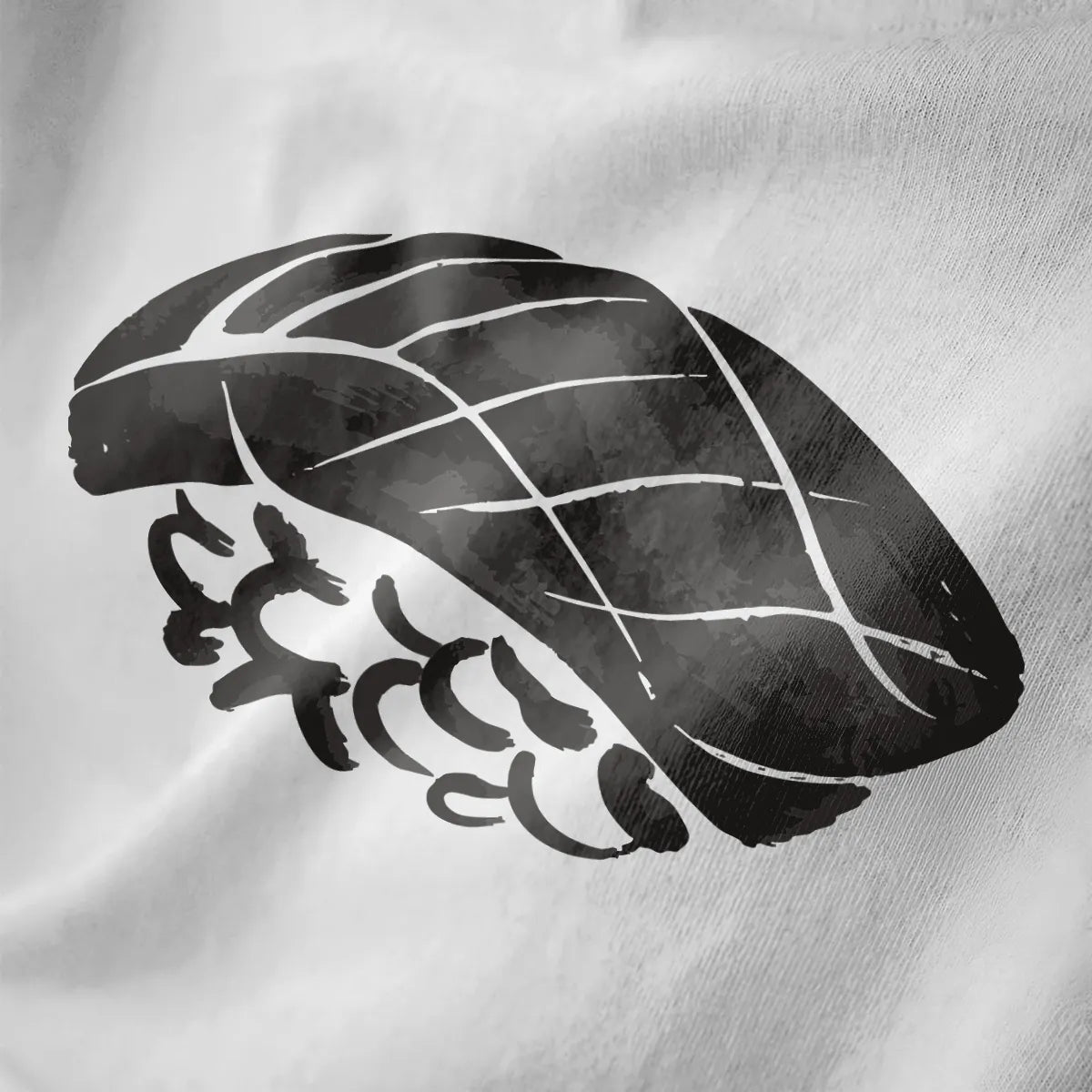 Stylized nigiri sushi brushstroke art on white fabric, minimalist sushi design with bold contrast.