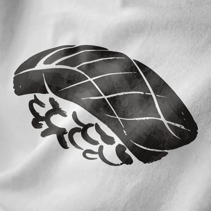 Stylized nigiri sushi brushstroke art on white fabric, minimalist sushi design with bold contrast.