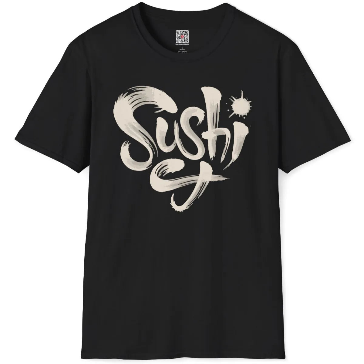 Black flatlay of t-shirt with sushi word in sumi ink brushstroke style, artistic symbolism.