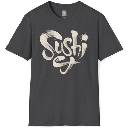Dark heather flatlay with expressive sushi typography, monochrome palette, brushstroke art.