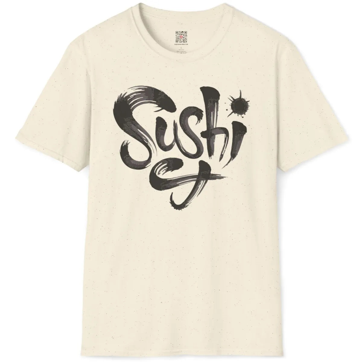 Natural fabric flatlay displaying bold sushi lettering, artistic expression, Japanese t-shirts style.
