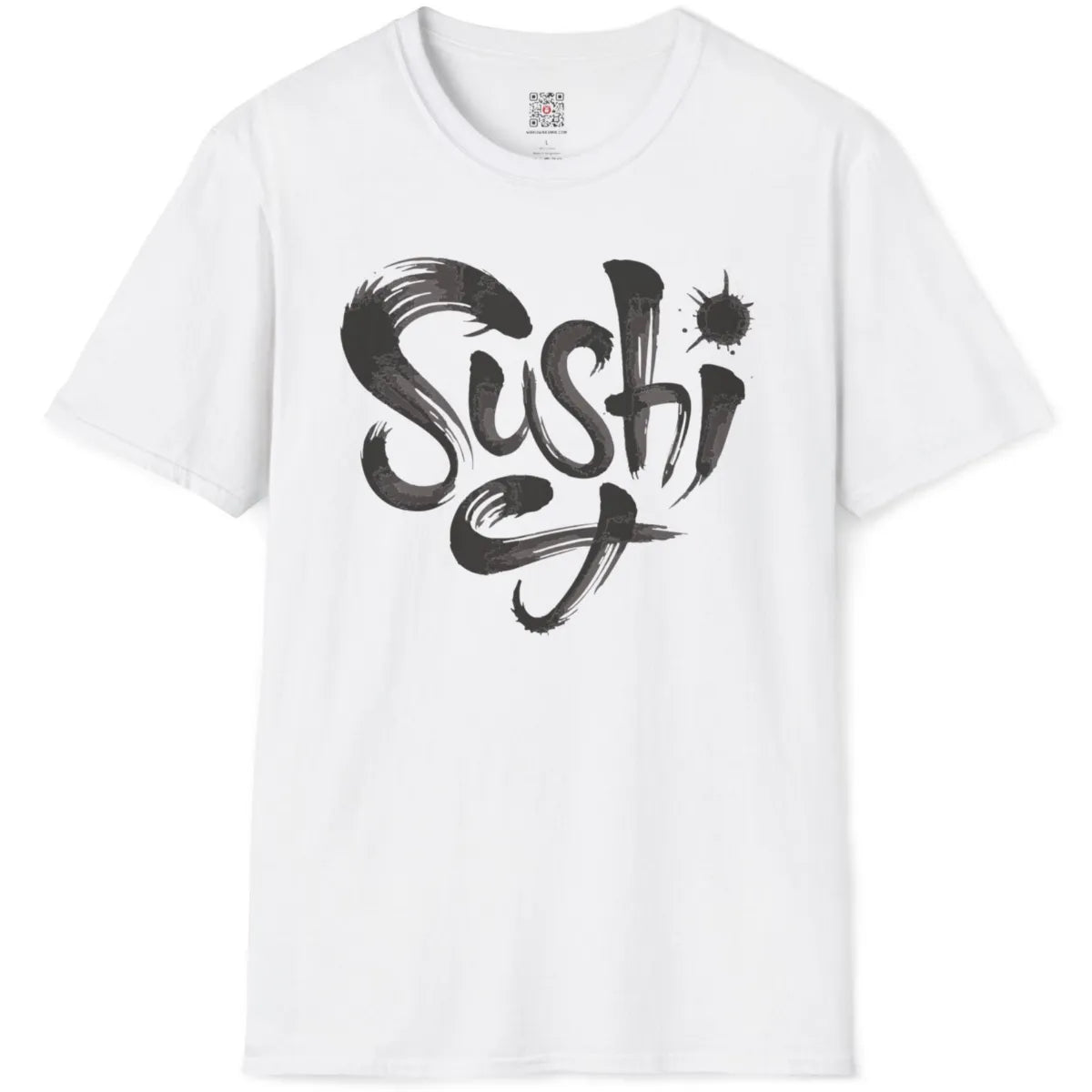 White flatlay featuring sushi text in bold brushstroke, creative artwork, simple letter style.